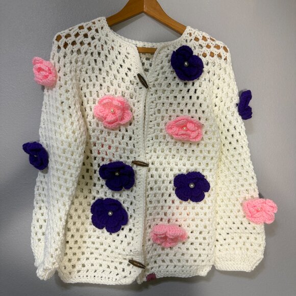 Handmade Floral Crochet Jacket – Luxury Open-Stitch Cardigan with 3D Flowers M/L - Picture 4 of 4